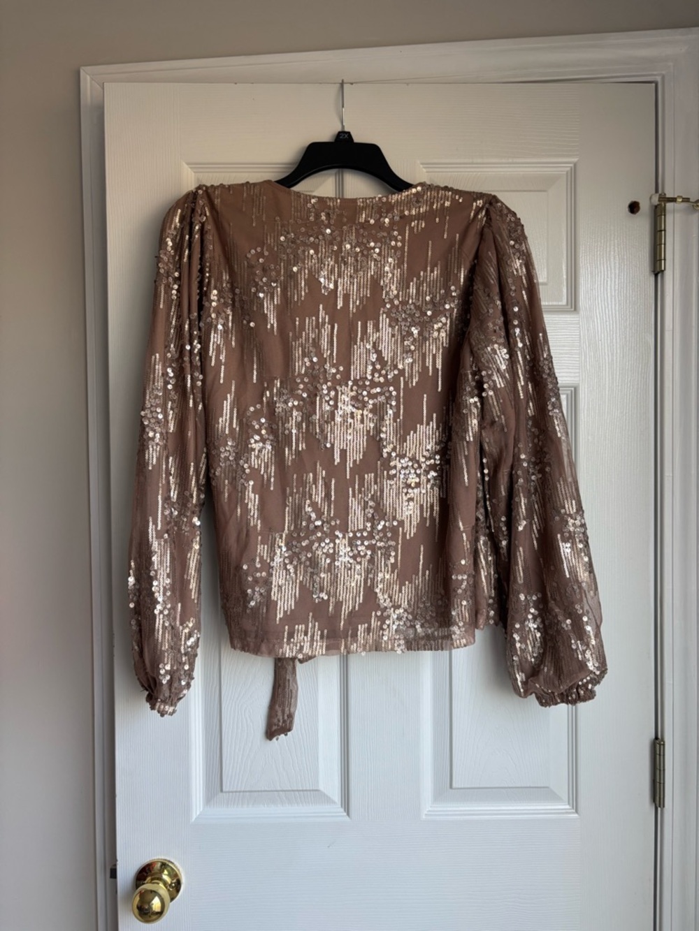 Sequin Taupe Wrap Blouse with Tie Front - Picture 4 of 5